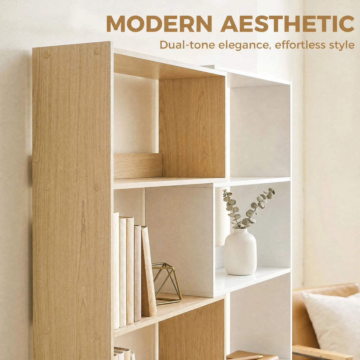 Corner Bookshelf, 5-Tier L-Shaped Bookcase with 350° Rotating Design, Two-Tone Design, Fruitwood/White Display Bookshelves at Gallery Canada