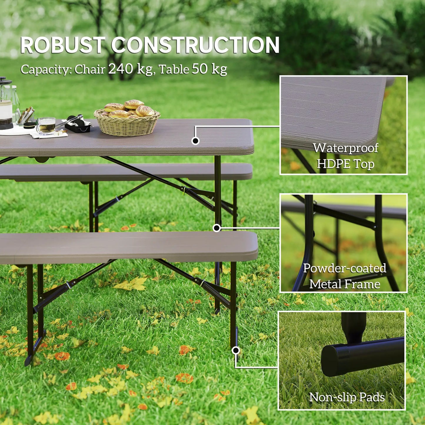 6FT 3PCS Faux Rattan Camping Table Bench Set, Brown Picnic Tables & Camping Chairs at Gallery Canada