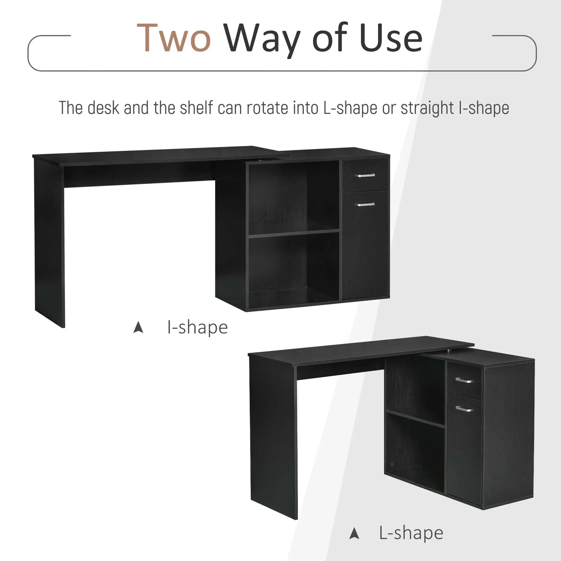 180° Rotating Corner Desk, Storage Shelf Cabinet, Black Writing Desks at Gallery Canada
