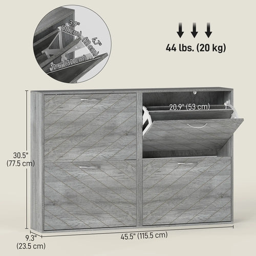 Shoe Storage Cabinet, 4 Flip Drawers, Narrow Slim, 12 Pair Organizer, Grey