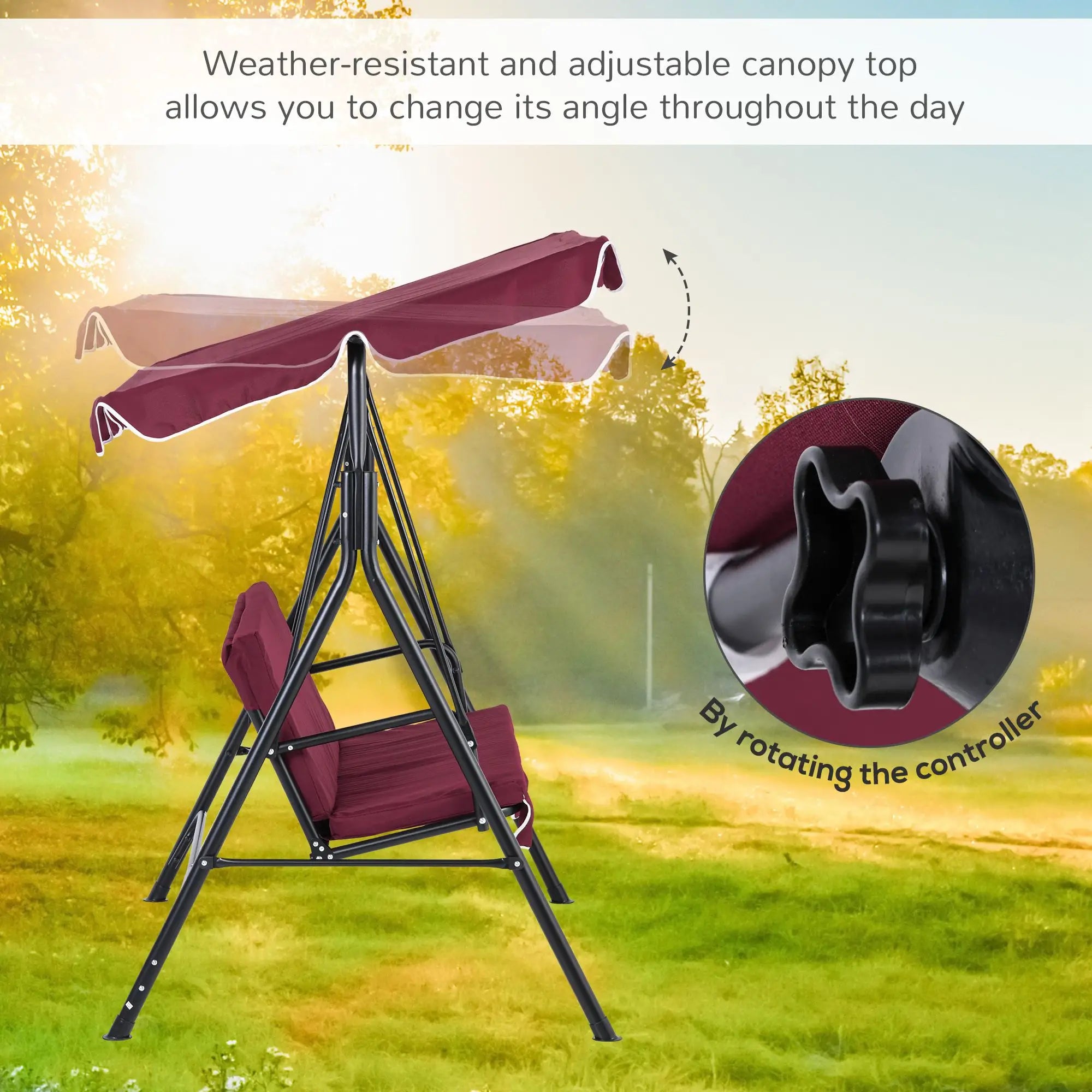 3-Seater Outdoor Porch Swing, Adjustable Canopy, Wine Red Patio Swings with Stand at Gallery Canada