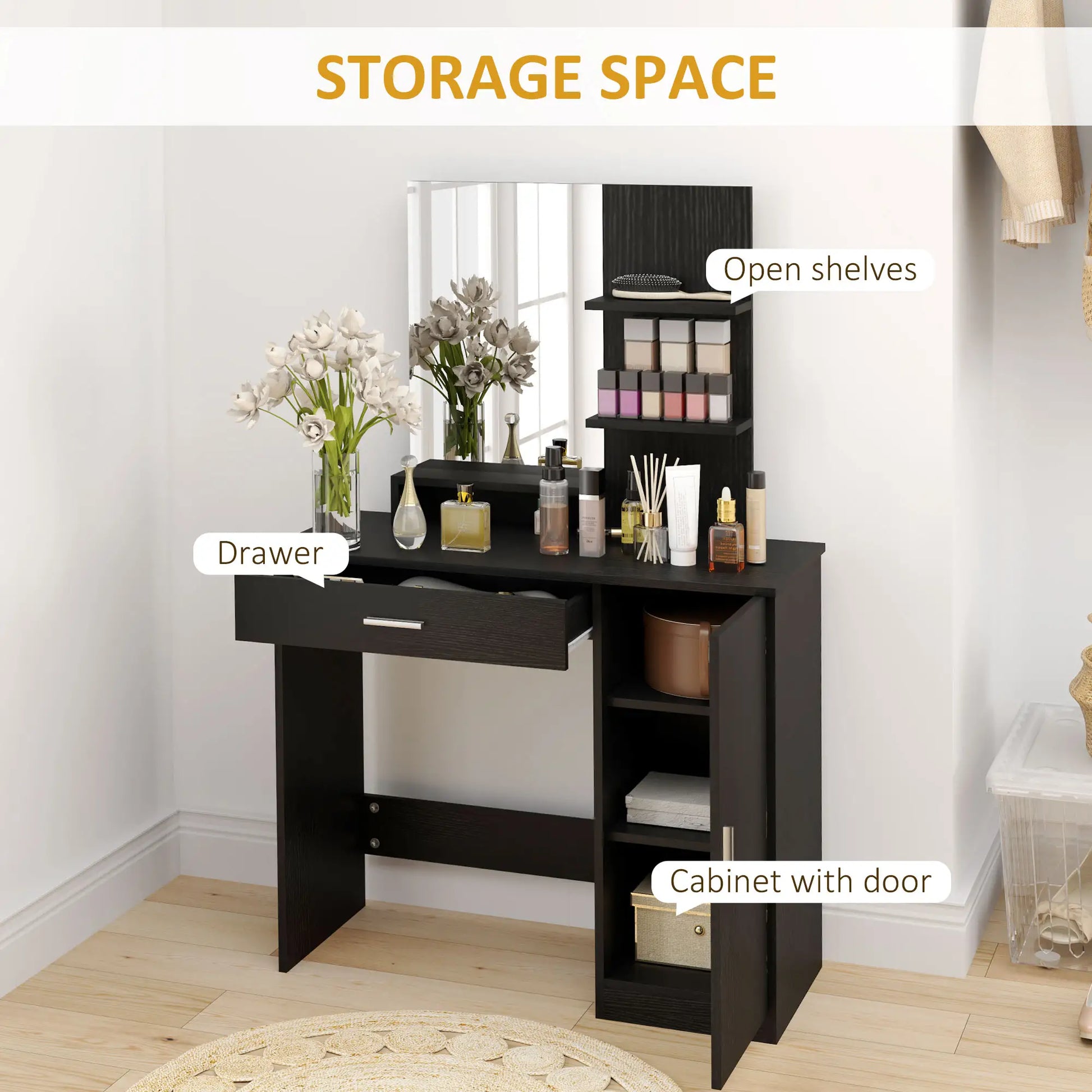 Dressing Table with Mirror, Drawer, Storage Shelves, 35.4" x 15" x 54.3", Black Dressing & Vanity Tables at Gallery Canada