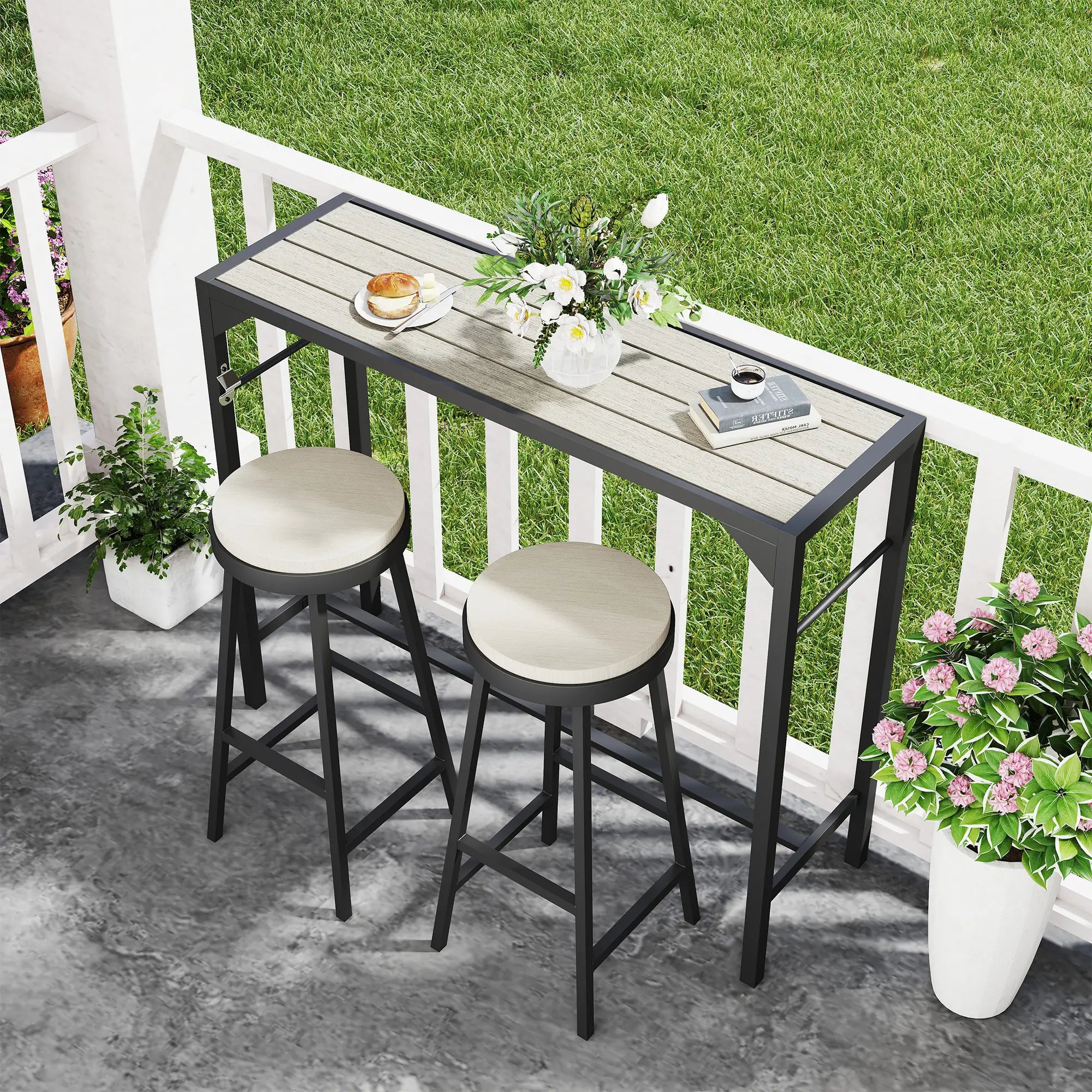 Bar Height Outdoor Table with Built-In Bottle Opener, Patio Bar Table with Wood Grain Plastic Top, 47.2