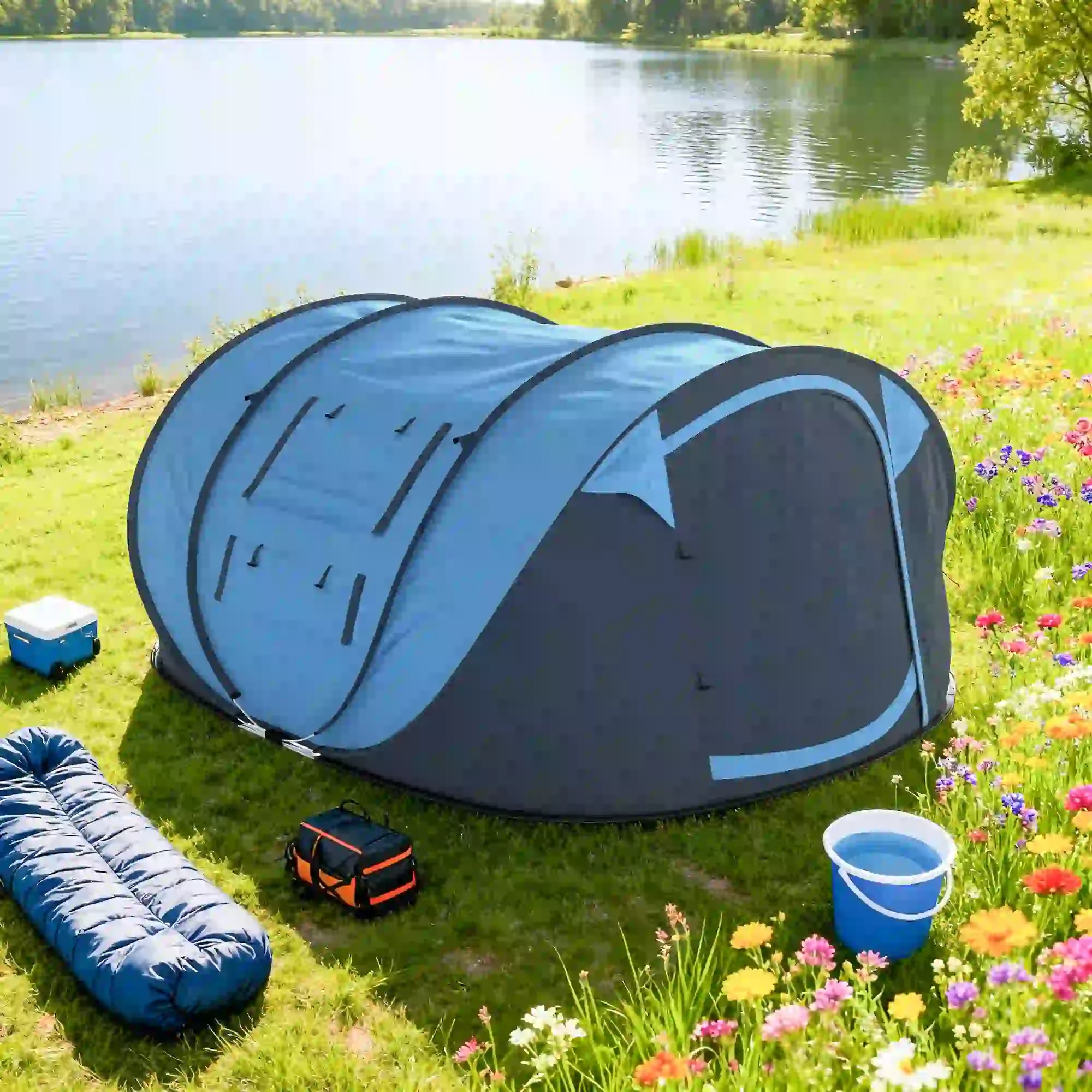 4 Person Pop Up Tent, Automatic Setup, With Doors, Windows, Carry Bag, Blue Camping Tents at Gallery Canada
