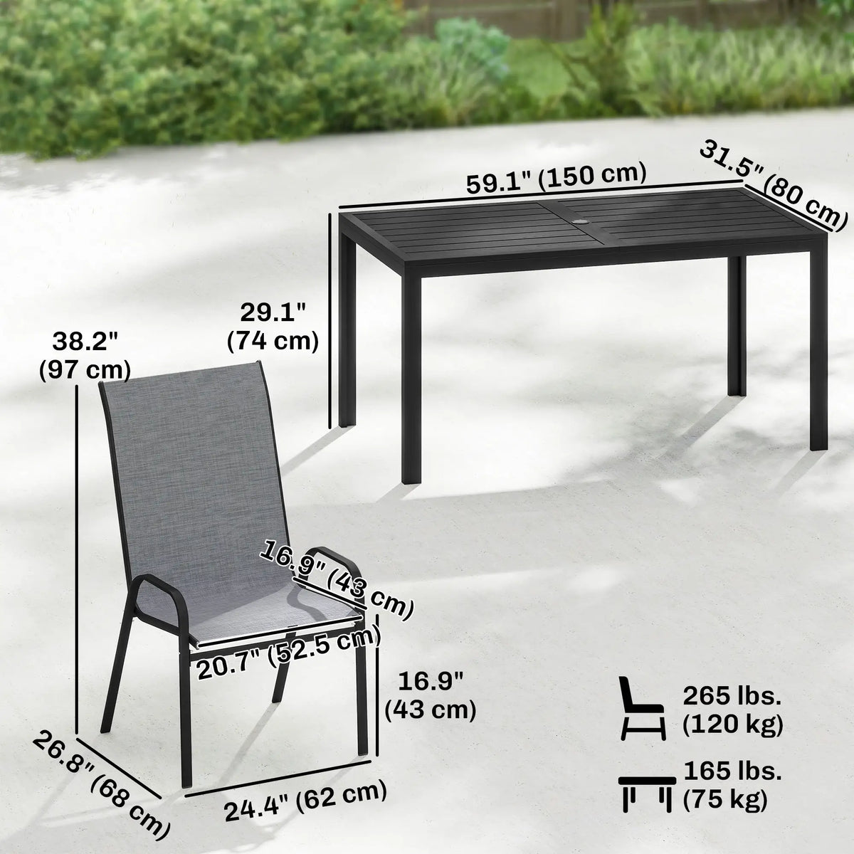 Outdoor Dining Set For 6, Faux Wood Metal Patio Table, Mesh Stackable Chairs, Mixed Grey