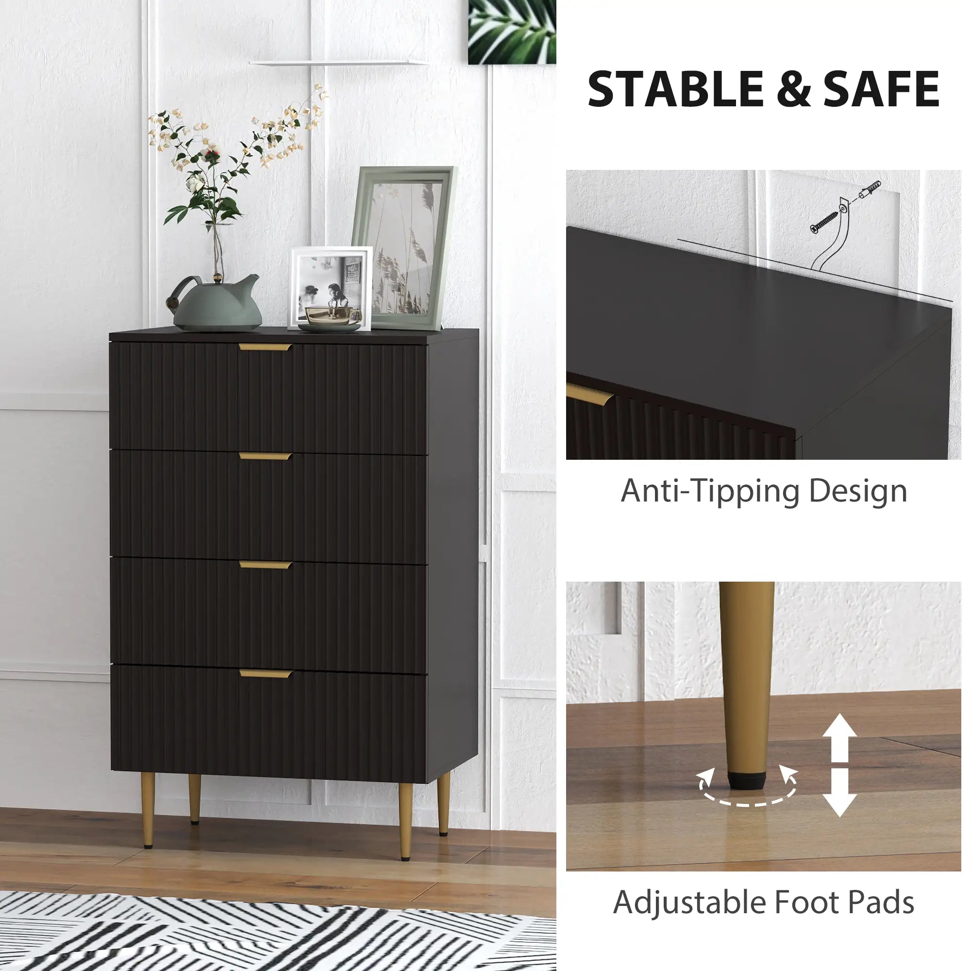 Modern 4 Drawer Dresser, Black with Gold Legs, Bedroom Chest, Black, Gold Storage Cabinets at Gallery Canada