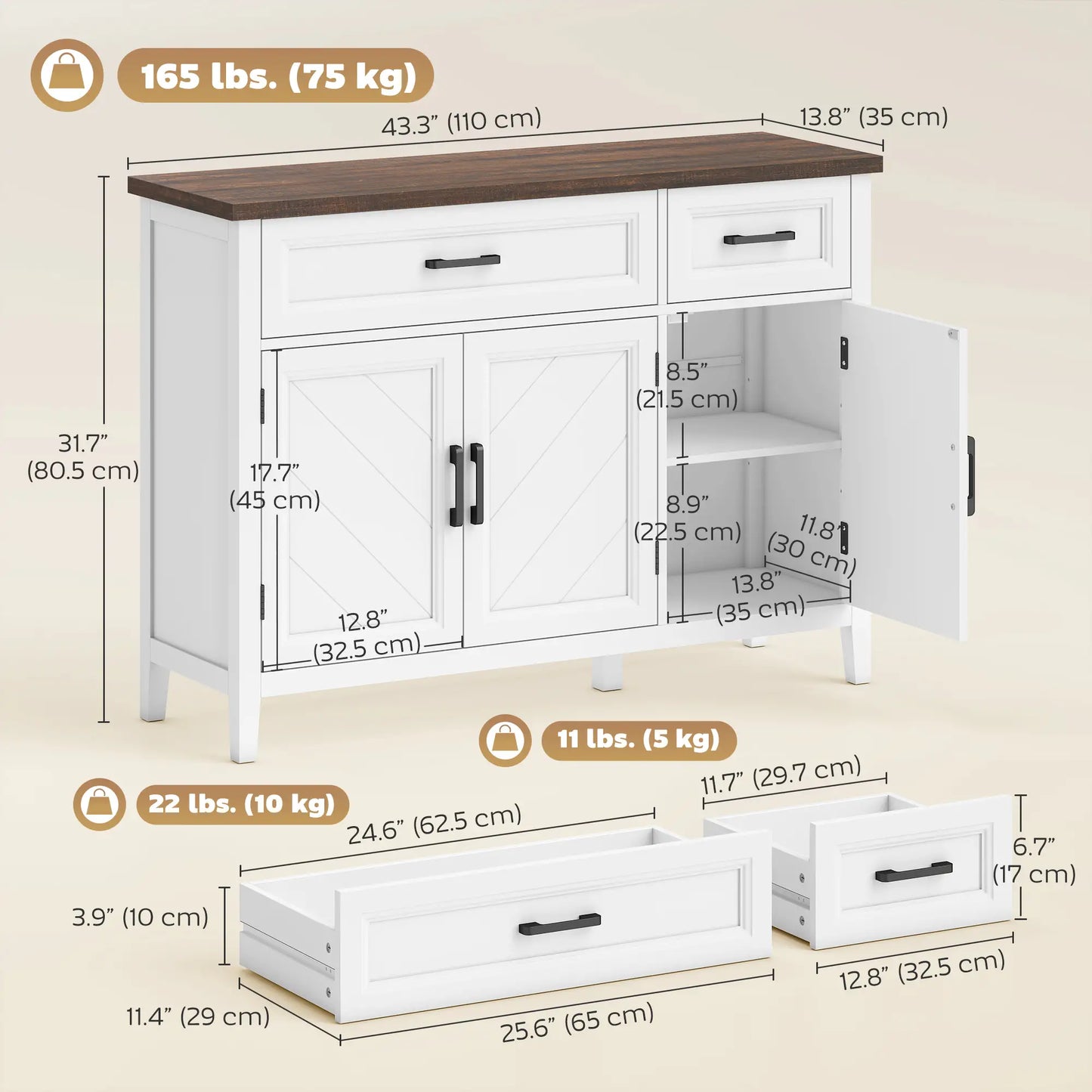 44" Farmhouse Sideboard Buffet Cabinet, 3 Chevron Doors, 2 Drawers, White Storage Cabinets at Gallery Canada