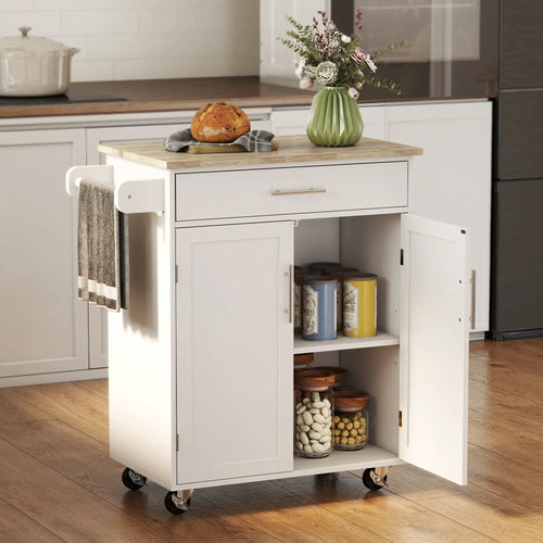 Mobile Kitchen Island Cart, Wooden Storage with Drawer, Towel Bar, White