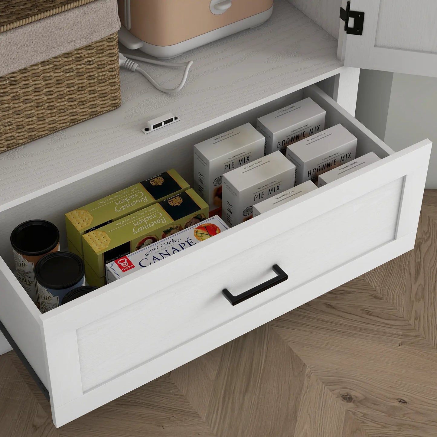 69" Tall Farmhouse Pantry Cabinet, 2 Doors, Drawer, Adjustable Shelves, White Kitchen Pantry Cabinets at Gallery Canada