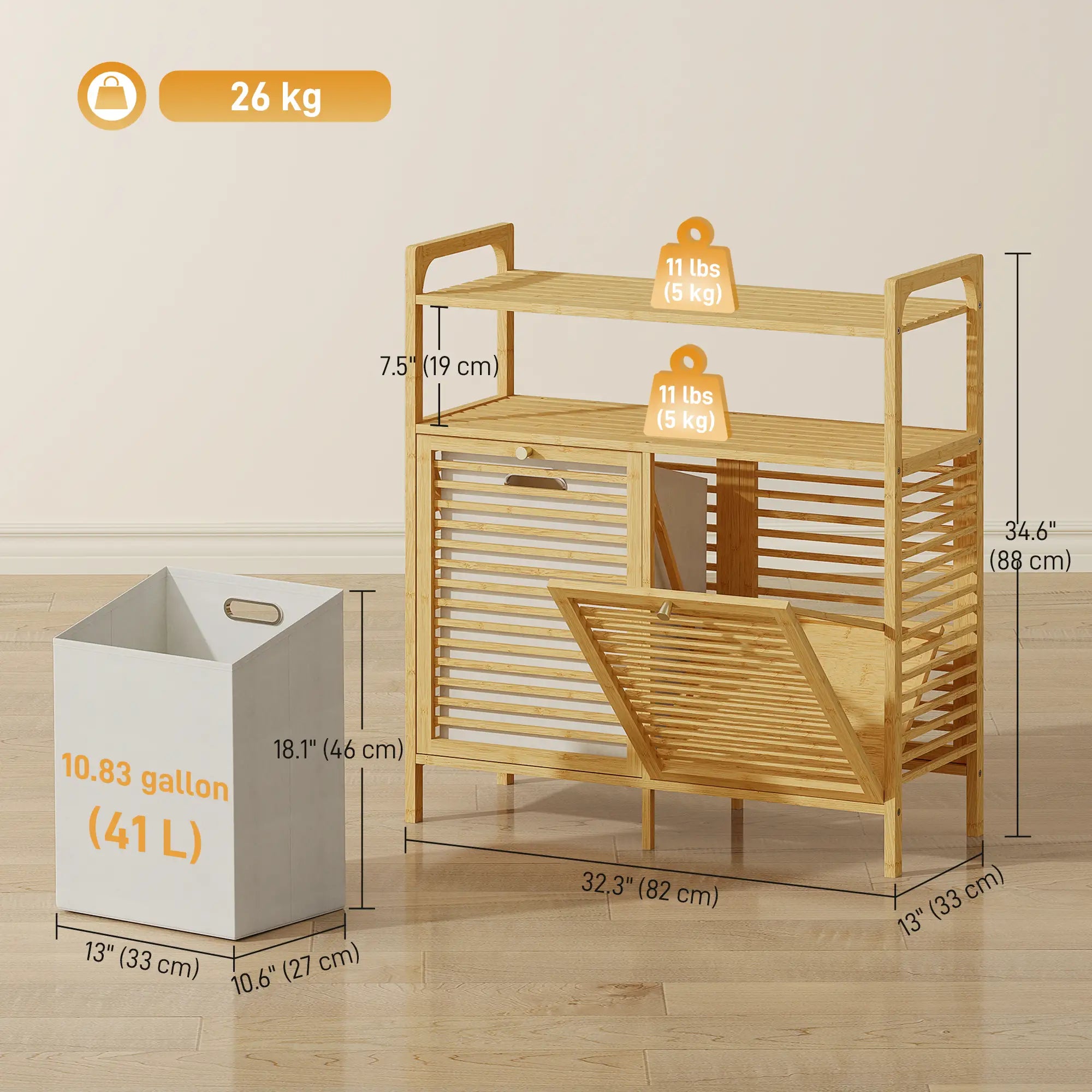 Tilt Out Laundry Hamper, Bamboo Cabinet with 2 Baskets, 2 Shelves, Natural Bathroom Cabinets at Gallery Canada