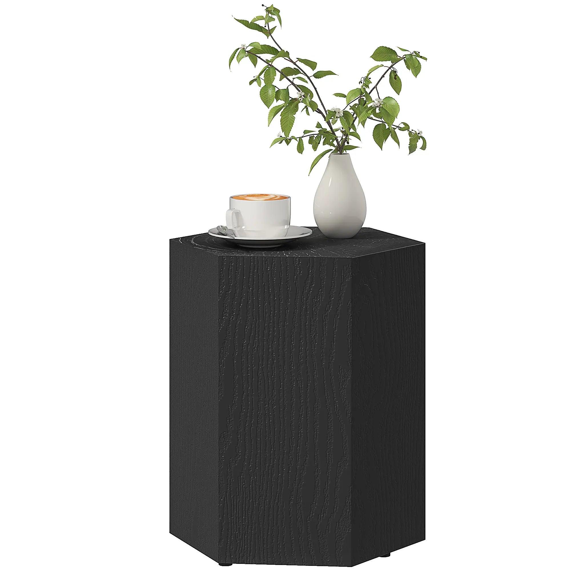 Hexagonal Side Table, Small with 4 Adjustable Feet, Indoor Outdoor, Black Side Tables Black Wood Grain at Gallery Canada