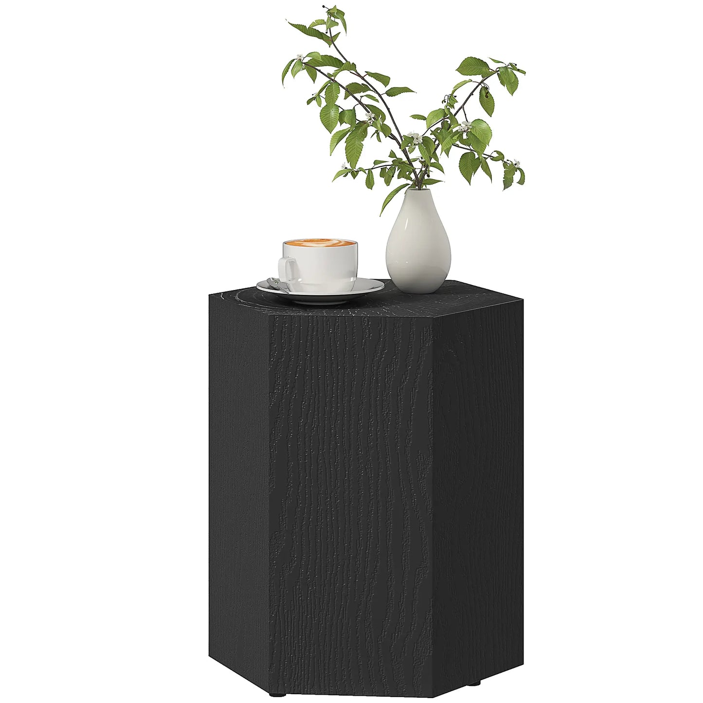Hexagonal Side Table, Small with 4 Adjustable Feet, Indoor Outdoor, Black Side Tables Black Wood Grain at Gallery Canada