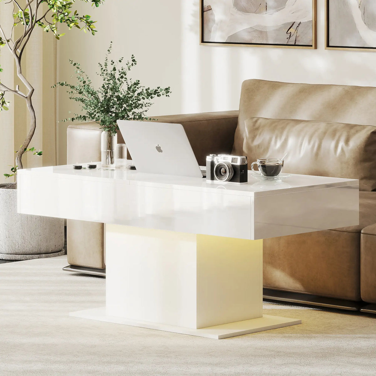 Extendable Coffee Table with LED Lights, Modern High Gloss Center Table with Hidden Storage, White Coffee Tables at Gallery Canada