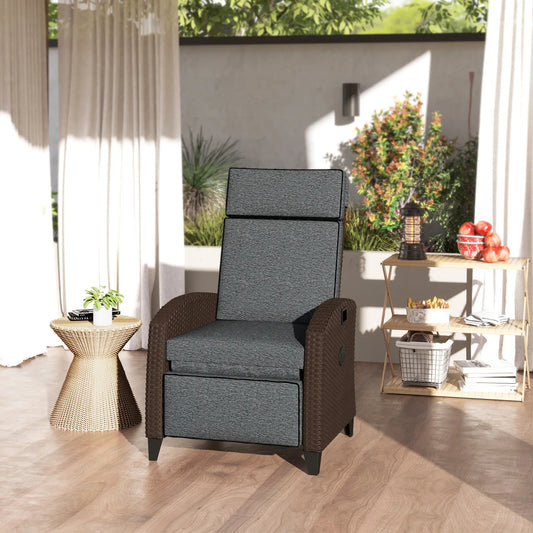 Outdoor Recliner Chair, Adjustable Backrest, Cushion, Side Tray, Dark Grey Wicker Chaise Loungers Dark Grey, Brown at Gallery Canada