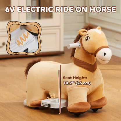 6V Kids Ride On Horse Toy, Electric, Brown
