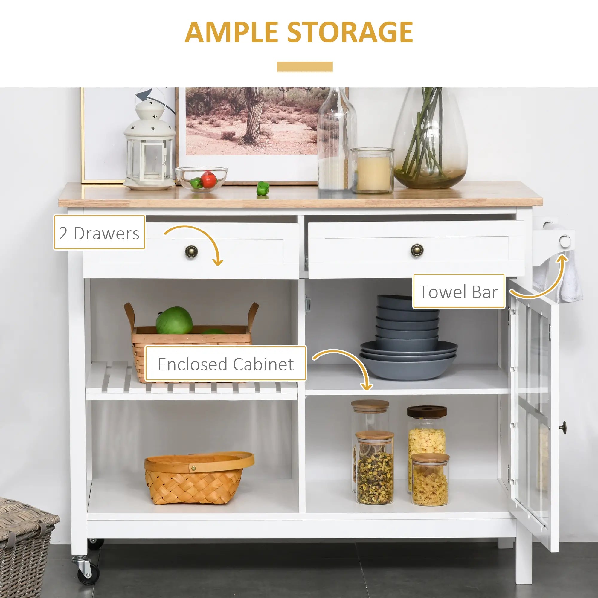 Kitchen Cart on Wheels, Utility Storage Island, Rubber Wood Top, White Kitchen Islands & Kitchen Carts at Gallery Canada