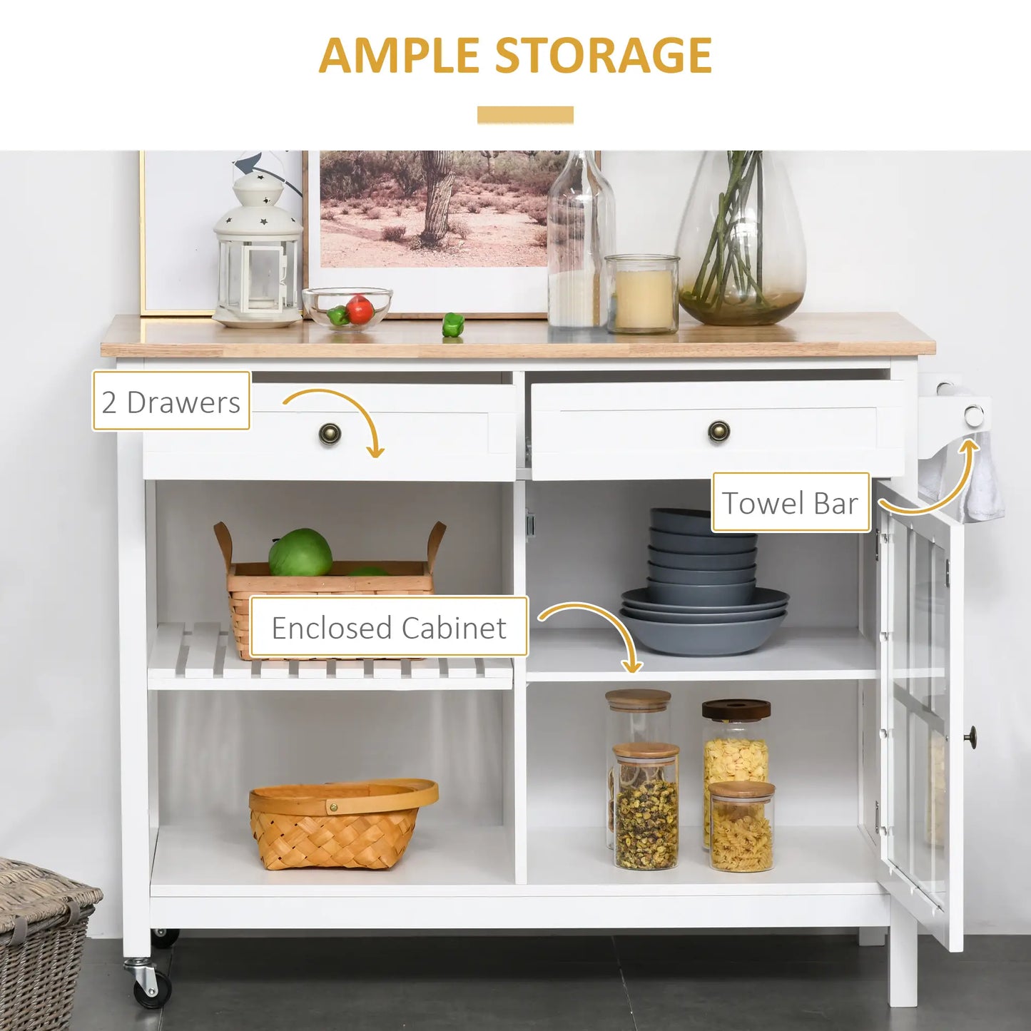 Kitchen Cart on Wheels, Utility Storage Island, Rubber Wood Top, White Kitchen Islands & Kitchen Carts at Gallery Canada