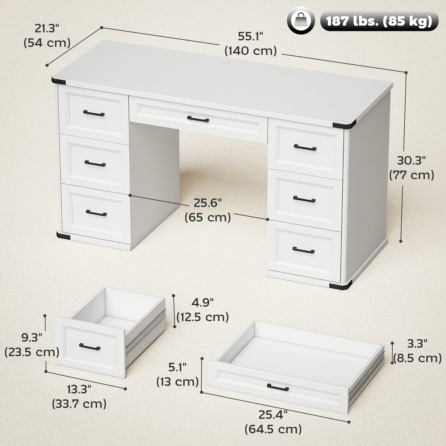 55" Computer Desk With 7 Drawers, Farmhouse Executive Desk, White Wood Grain Computer Desks at Gallery Canada