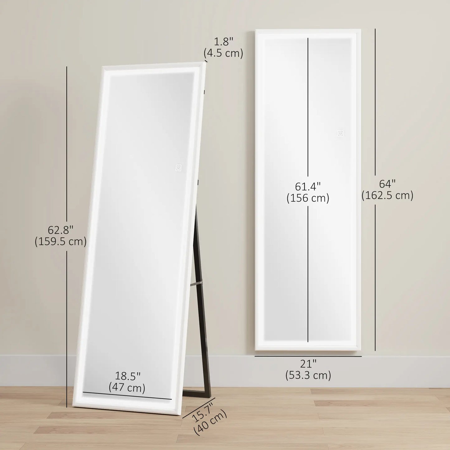 LED Mirror, Dimmable 3 Color Lights, 64" x 21" Rectangular, White Full Length Mirrors at Gallery Canada