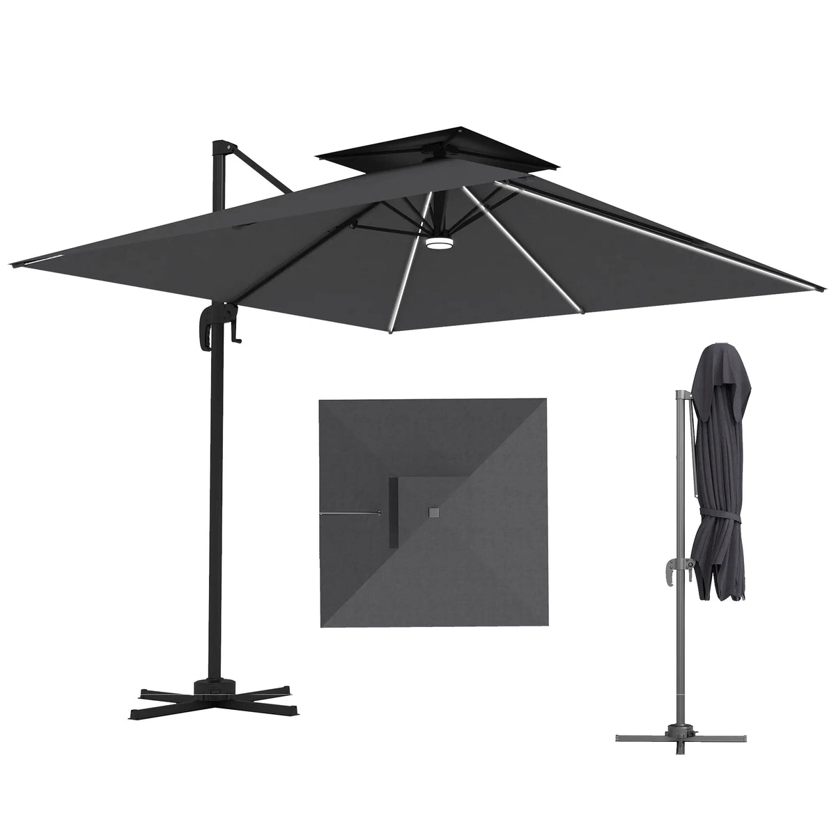 Parapluie de terrasse en porte-à-faux de 8', lumières LED, rotation à 360°, gris foncé