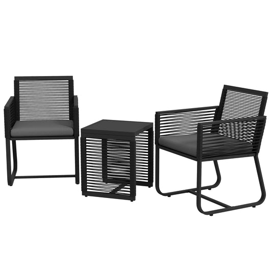 3-Piece PE Rattan Bistro Set, Seat Cushions, Tempered Glass Table, Black Bistro Sets Black, Grey at Gallery Canada