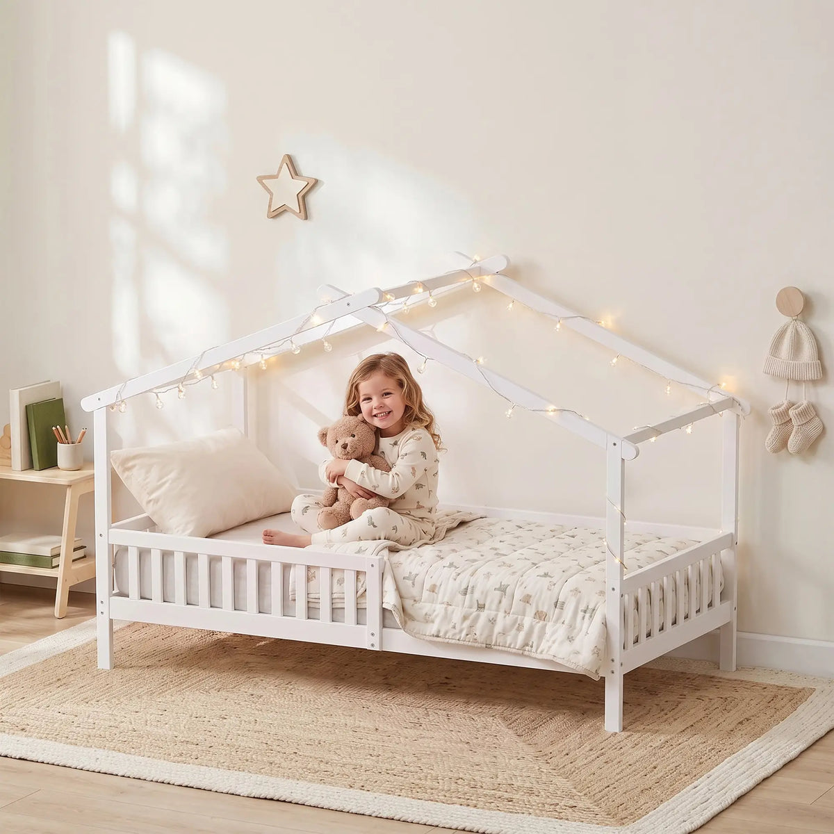 Twin Bed Frame, Solid Wood House Bed with Roof, Guardrail, No Box Spring, White Kids Bedroom Furniture at Gallery Canada
