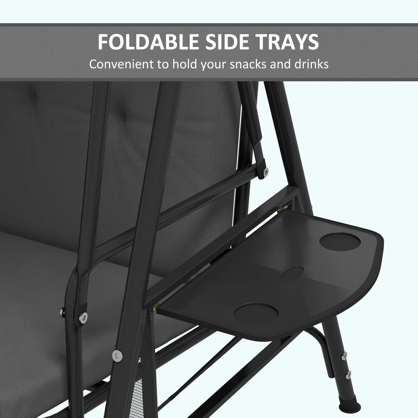 3-Seat Outdoor Swing With Adjustable Canopy, Side Tray, Removable Cushion, Grey