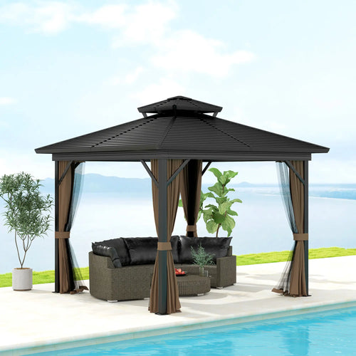 10' x 10' Hardtop Gazebo, Double Tier Metal Roof, Dark Brown