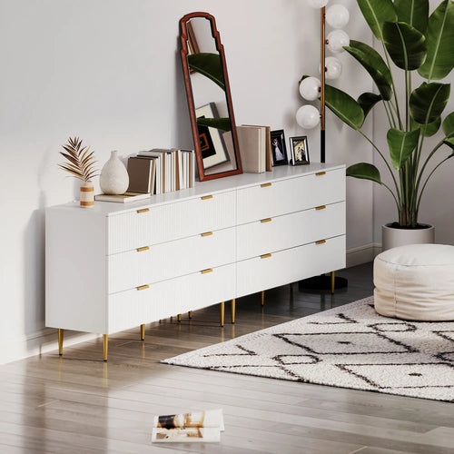 Modern 6 Drawer Dresser, Gold Legs and Handles, White