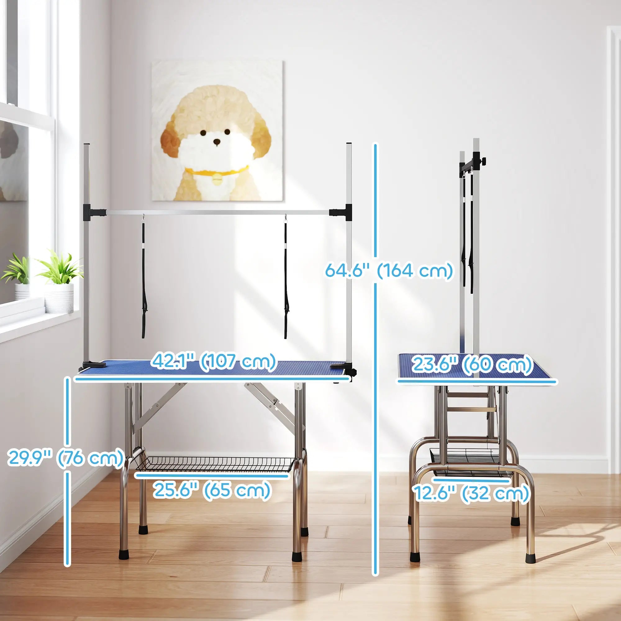 Adjustable Dog Grooming Table, 2 Safety Slings, Storage Basket, Blue Dog Grooming Tables at Gallery Canada