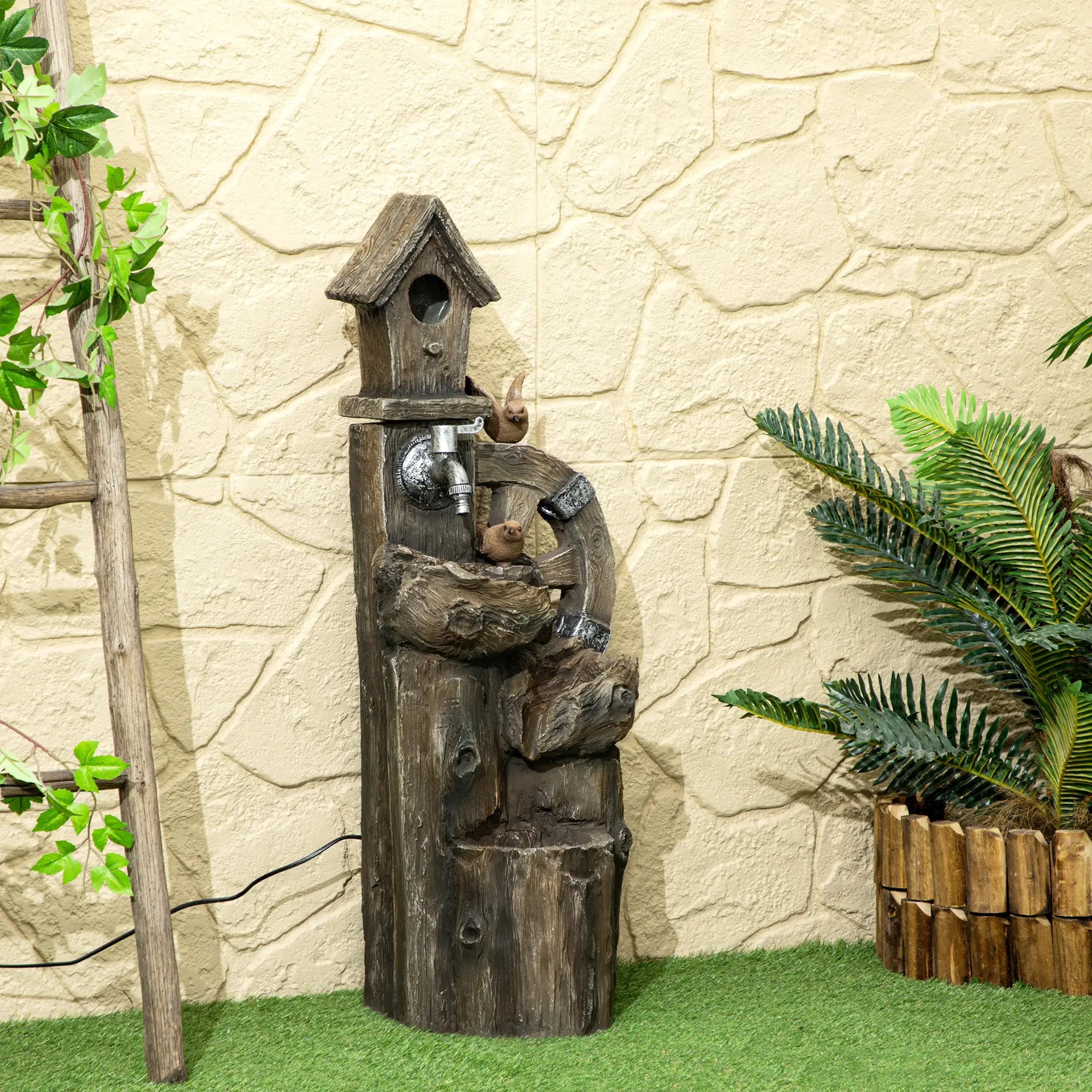 2-in-1 Outdoor Water Fountain With Birdhouse, 13.6
