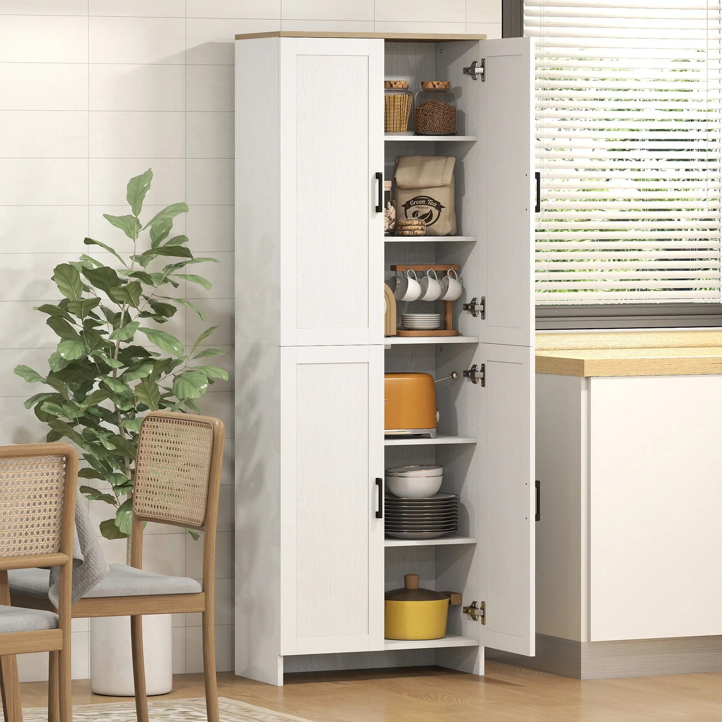 67" 4-Door Kitchen Pantry Cabinet, Freestanding, Adjustable Shelves, White Kitchen Pantry Cabinets at Gallery Canada