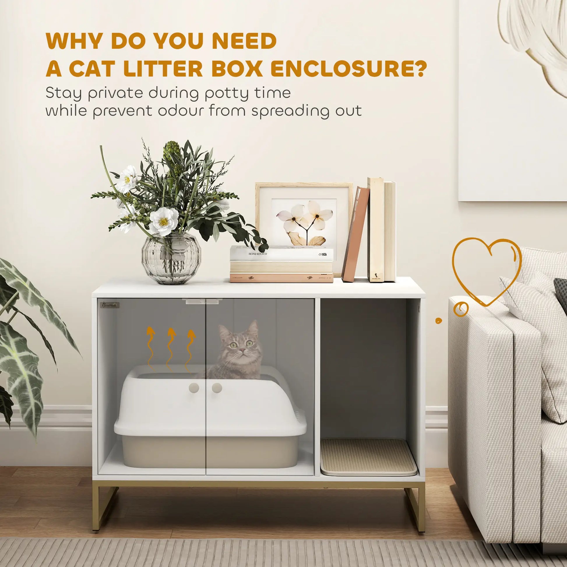 Cat Litter Box Enclosure, Tall Legs, Litter Mat, 31.5" x 20" x 22", White Cat Litter Box Enclosures at Gallery Canada