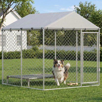 6.6' x 6.6' x 6.6' Outdoor Dog Kennel Heavy Duty Galvanized Steel with UV-resistant Roof, Silver