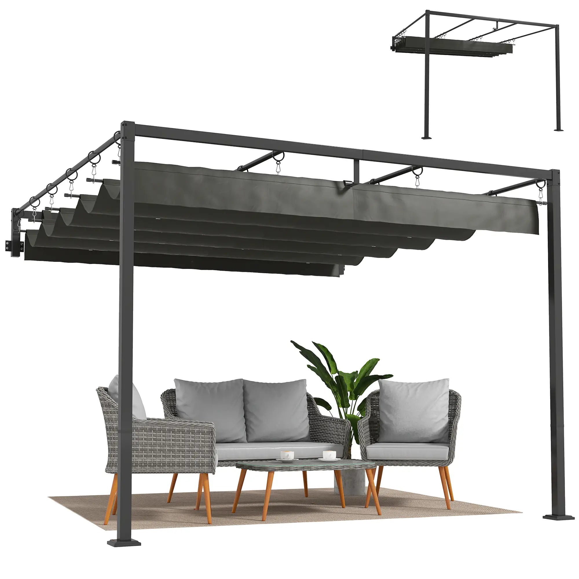 10' x 10' Retractable Pergola Canopy, Wall Mounted, Dark Grey Pergolas at Gallery Canada