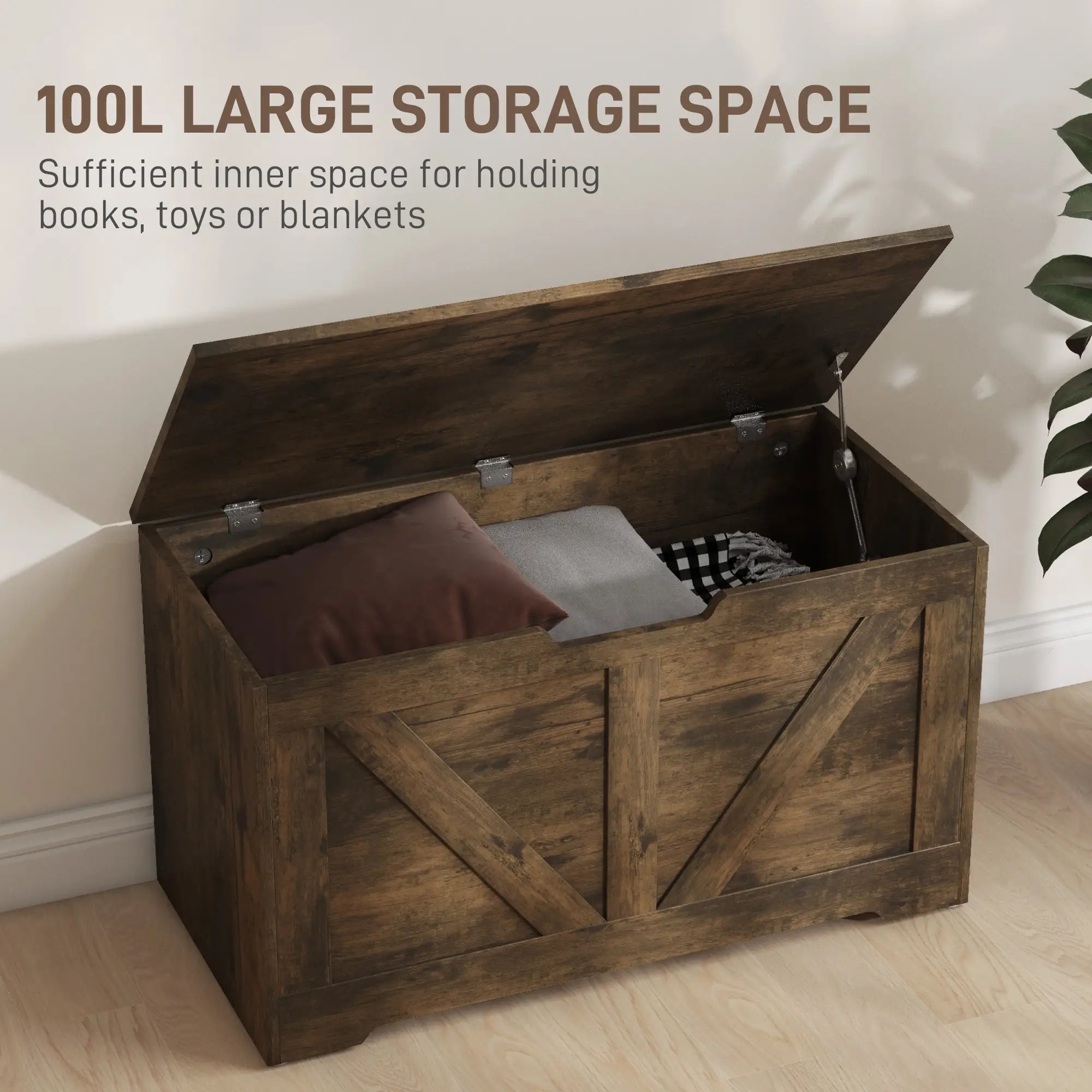 31.5 Inches Wooden Storage Chest, 2 Safety Hinges, Brown Wood Grain Storage Cabinets at Gallery Canada
