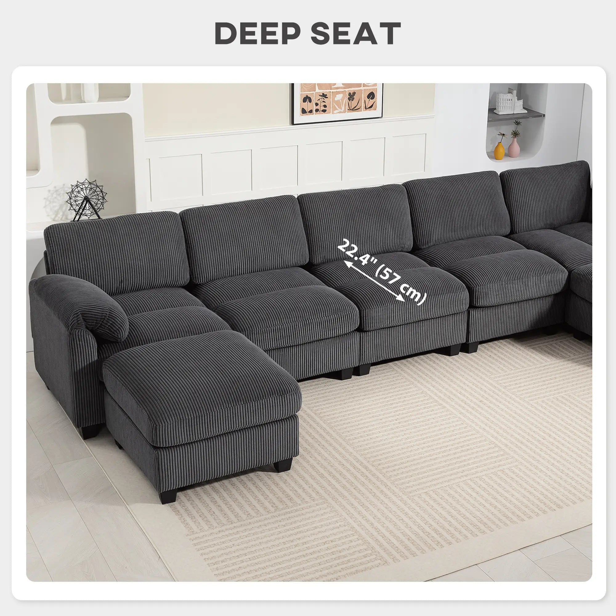 Modular Sectional Sofa, Oversized U-Shaped, Spring Cushion, Corduroy, Charcoal Grey 3-Seater Sofas at Gallery Canada