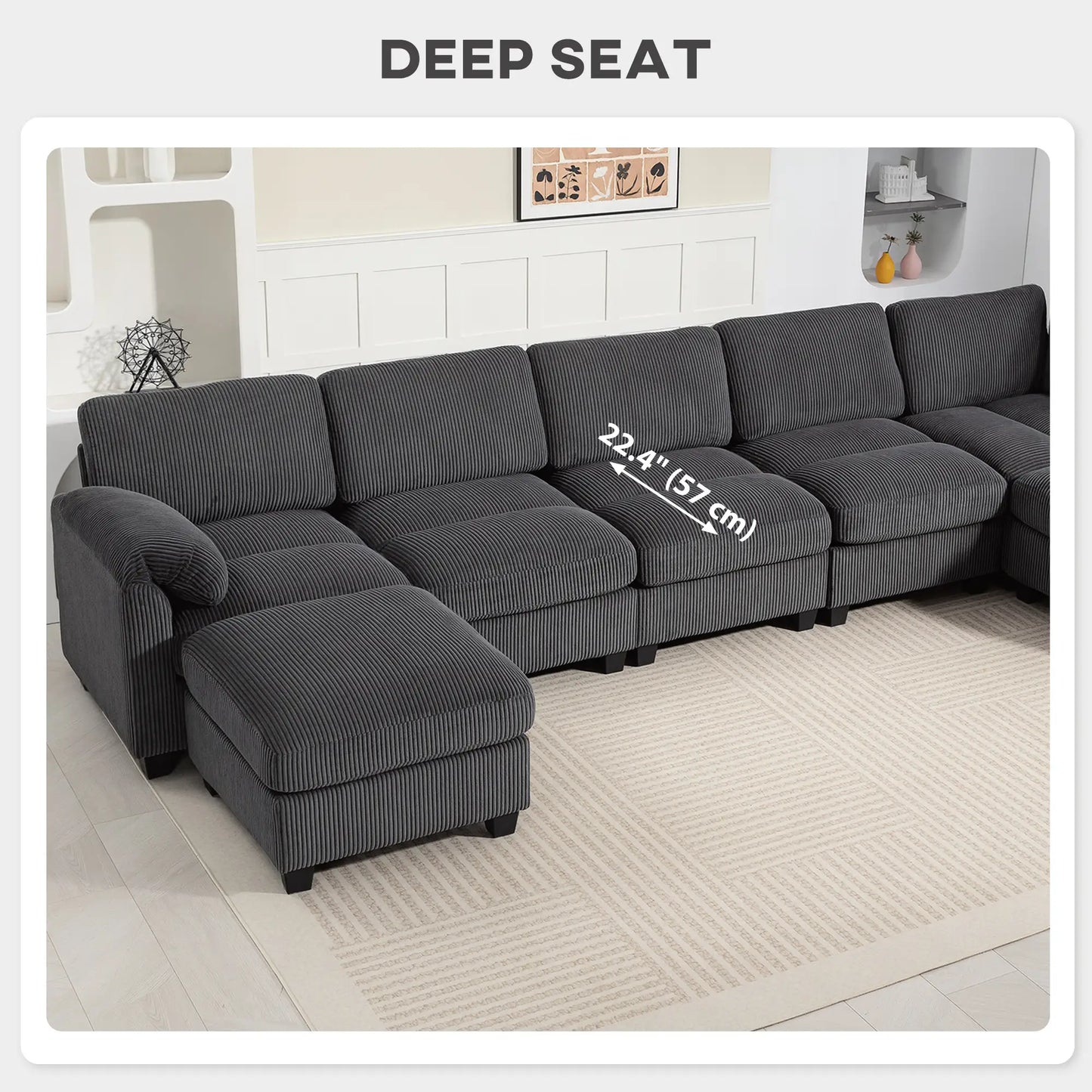 Modular Sectional Sofa, Oversized U-Shaped, Spring Cushion, Corduroy, Charcoal Grey 3-Seater Sofas at Gallery Canada