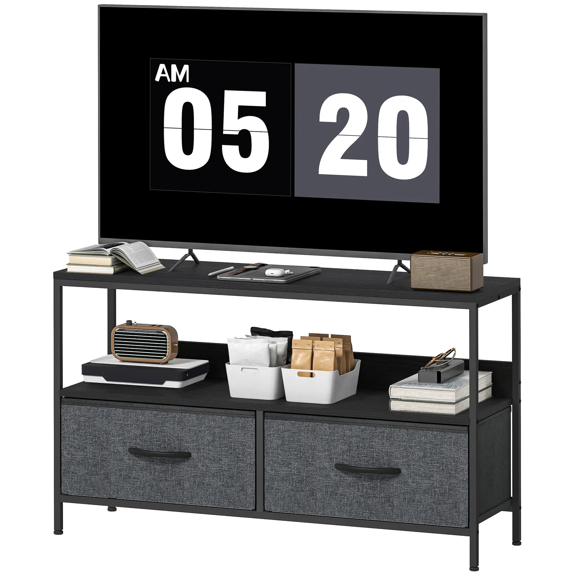 TV Stand with Charging Station, 2 Foldable Drawers, Open Shelf, 47 Inch, Black TV Stands Black, Charcoal Grey at Gallery Canada