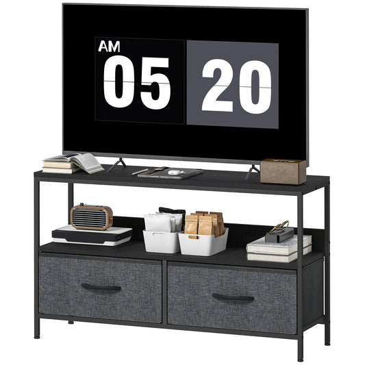TV Stand with Charging Station, 2 Foldable Drawers, Open Shelf, 47 Inch, Black TV Stands Black, Charcoal Grey at Gallery Canada