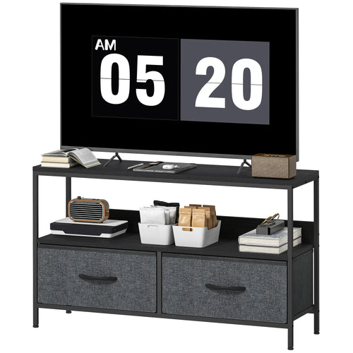 TV Stand with Charging Station, 2 Foldable Drawers, Open Shelf, 47 Inch, Black