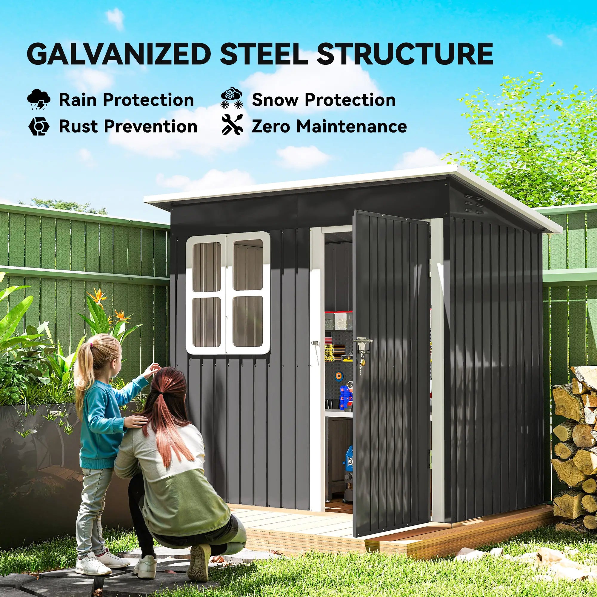 7' x 4' Galvanised Steel Outdoor Storage Shed, Window, Lockable Door, Dark Grey Sheds at Gallery Canada