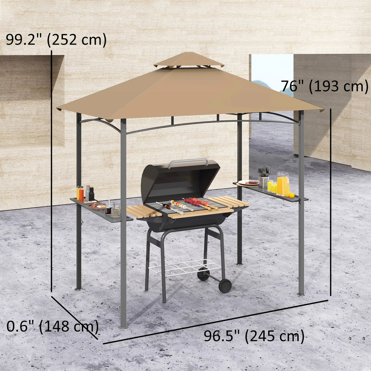 8' x 5' BBQ Grill Gazebo Tent, Double Tiered Canopy, Outdoor Sun Shade, Khaki BBQ Grill Gazebos at Gallery Canada