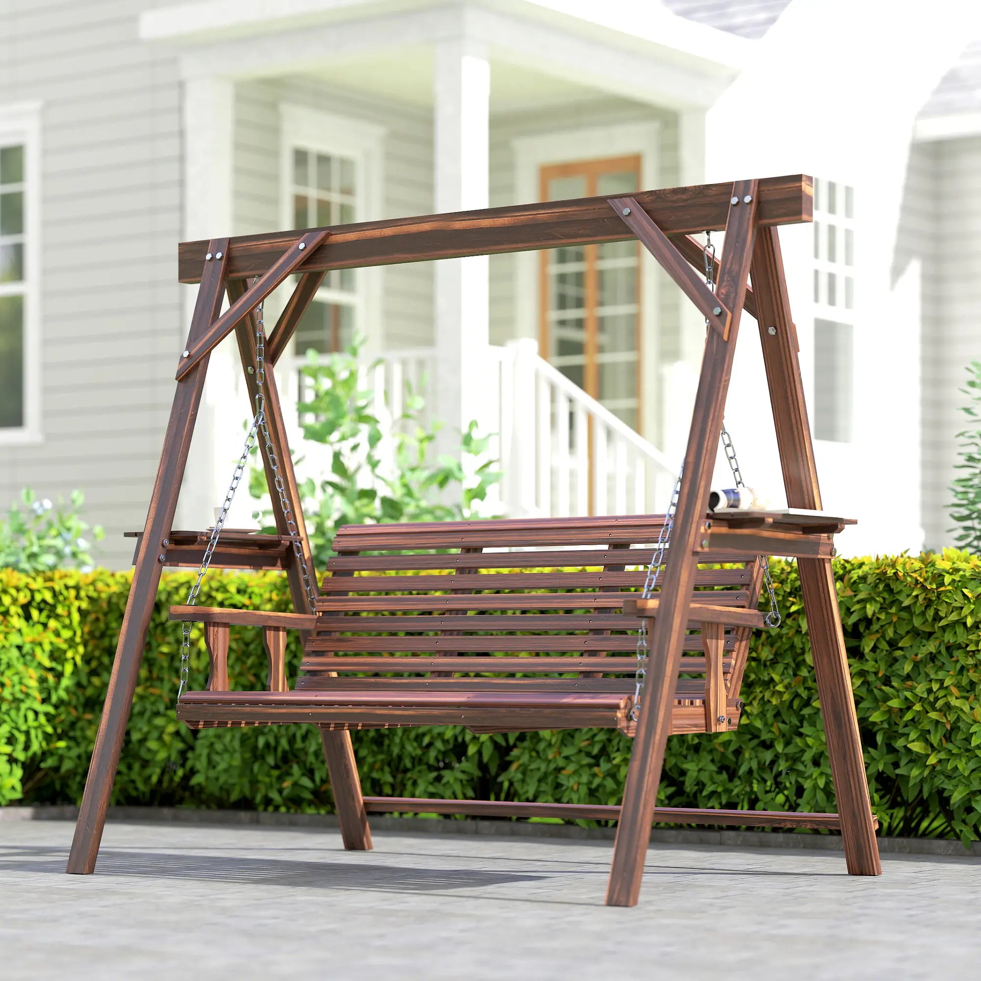 3 Seat Wooden Porch Swing With Stand, Carbonized Brown Patio Swings with Stand at Gallery Canada