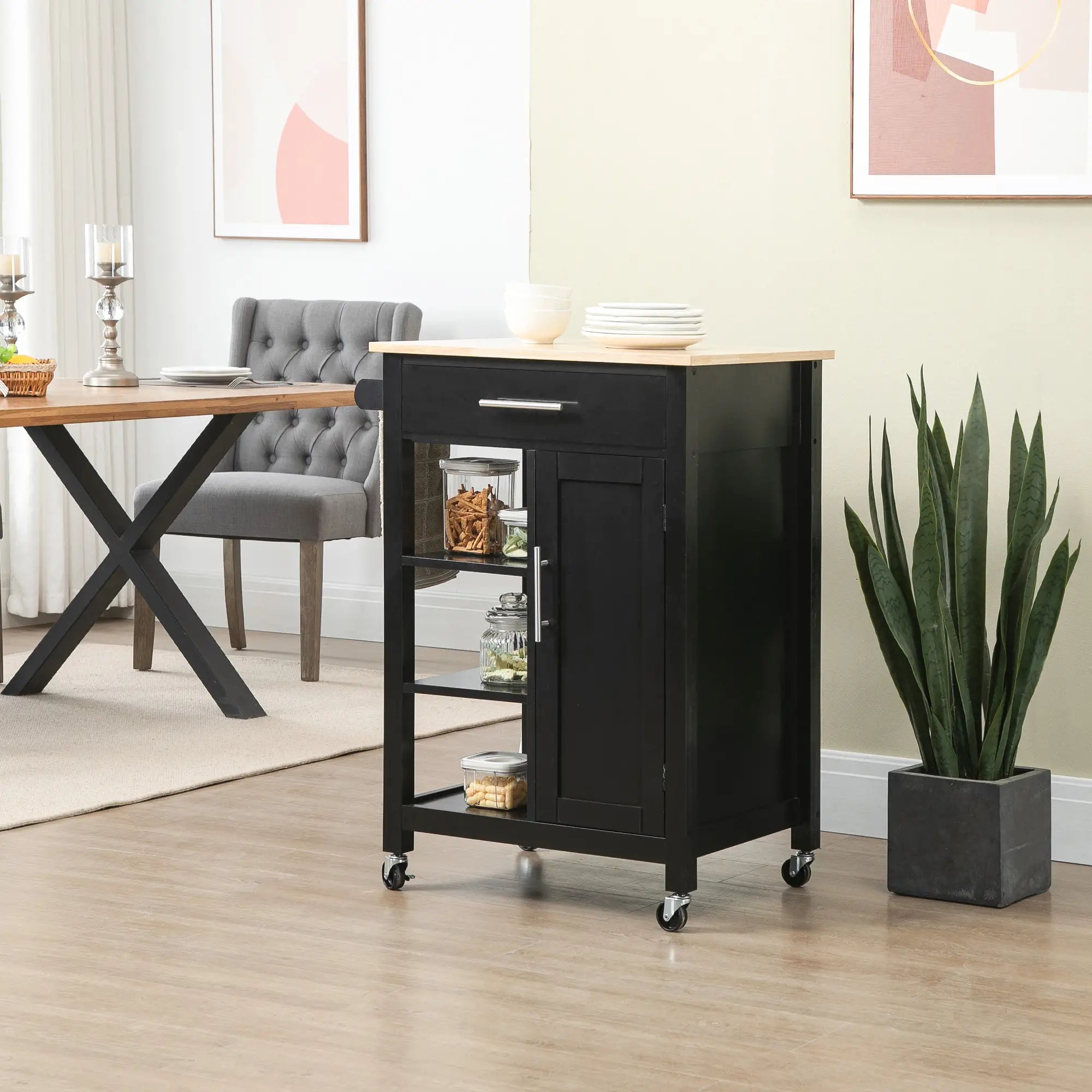 Compact Kitchen Cart on Wheels, Open Shelf, Storage Drawer, Black Kitchen Islands & Kitchen Carts at Gallery Canada