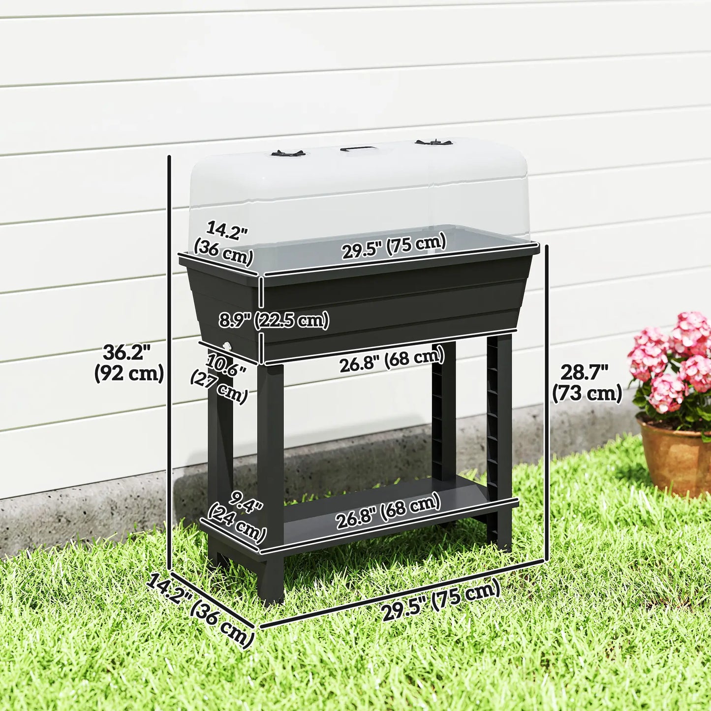 41L Self Watering Raised Garden Bed, Transparent Lid, Storage Shelf, Black
