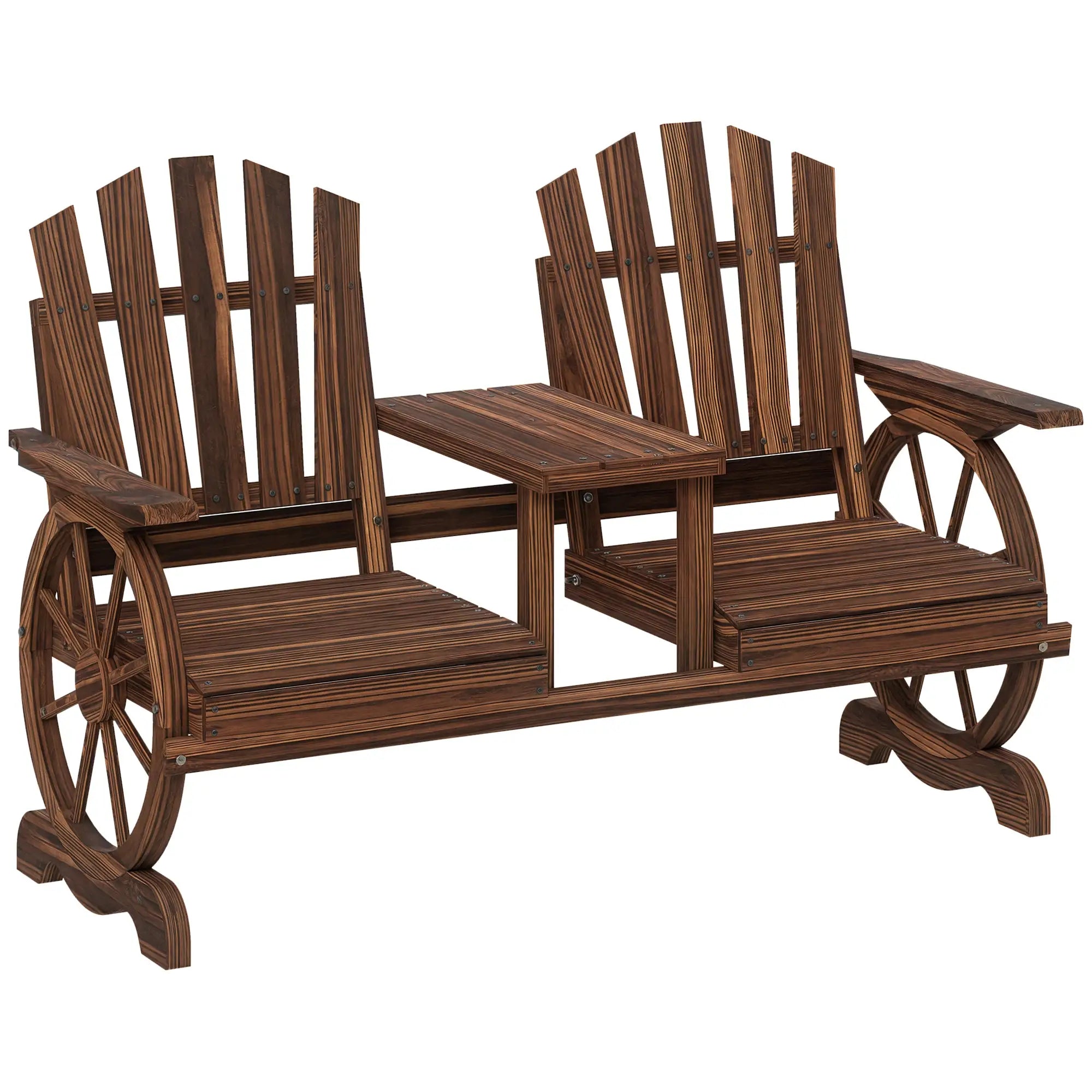 Wooden Outdoor Loveseat, Wagon Wheel Bench With Table, Carbonized Outdoor Benches at Gallery Canada