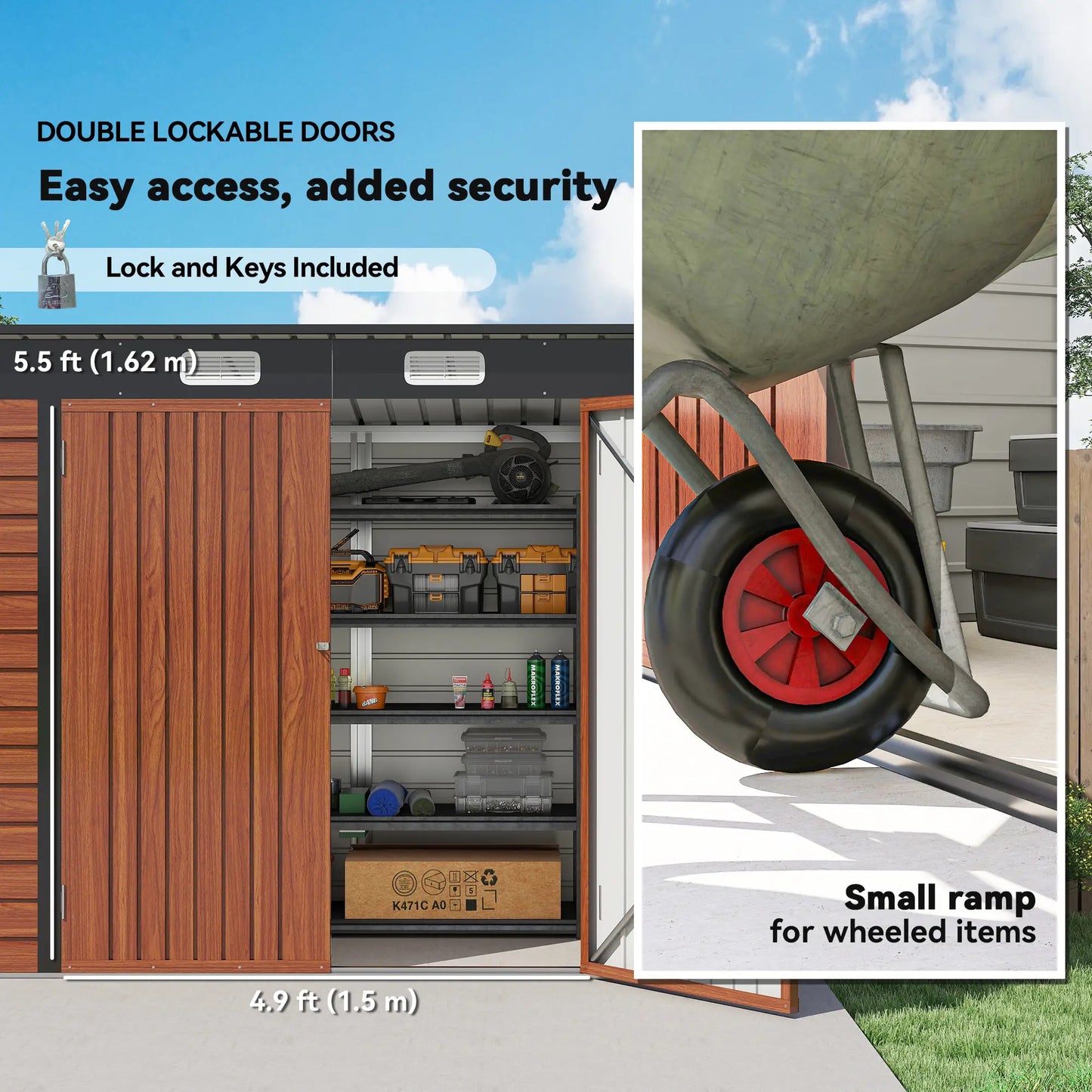 8 x 4FT Galvanized Metal Garden Storage Shed, Double Doors, 2 Vents, Teak