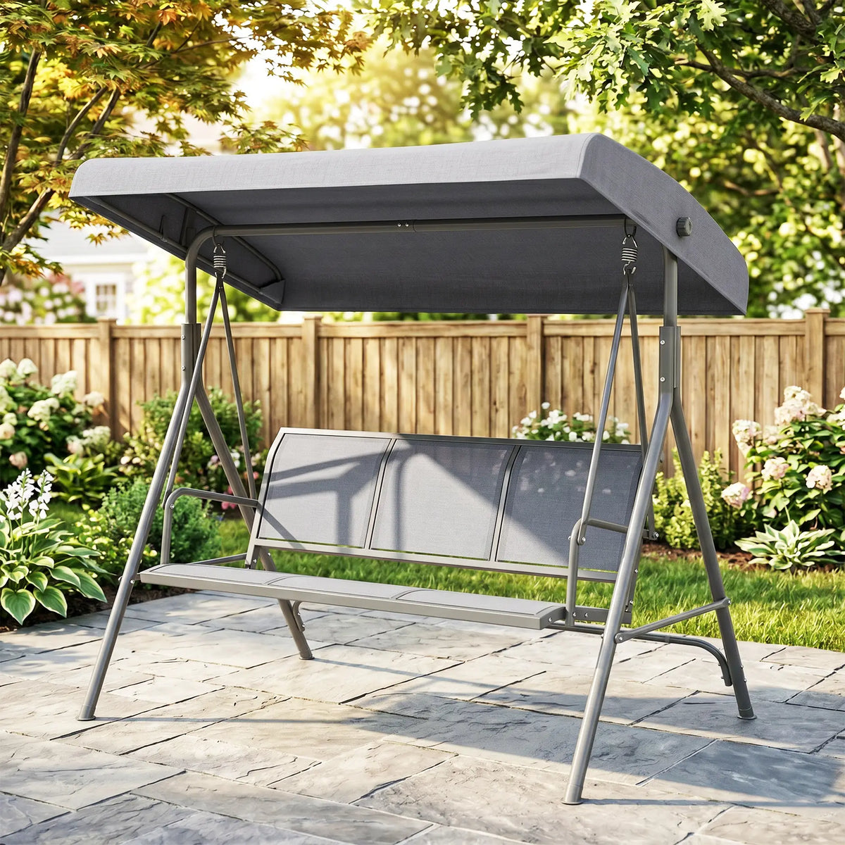 Chaise Balançoire 3 Places, Hamac de Jardin à Cadre en A, Toit Ajustable, Gris