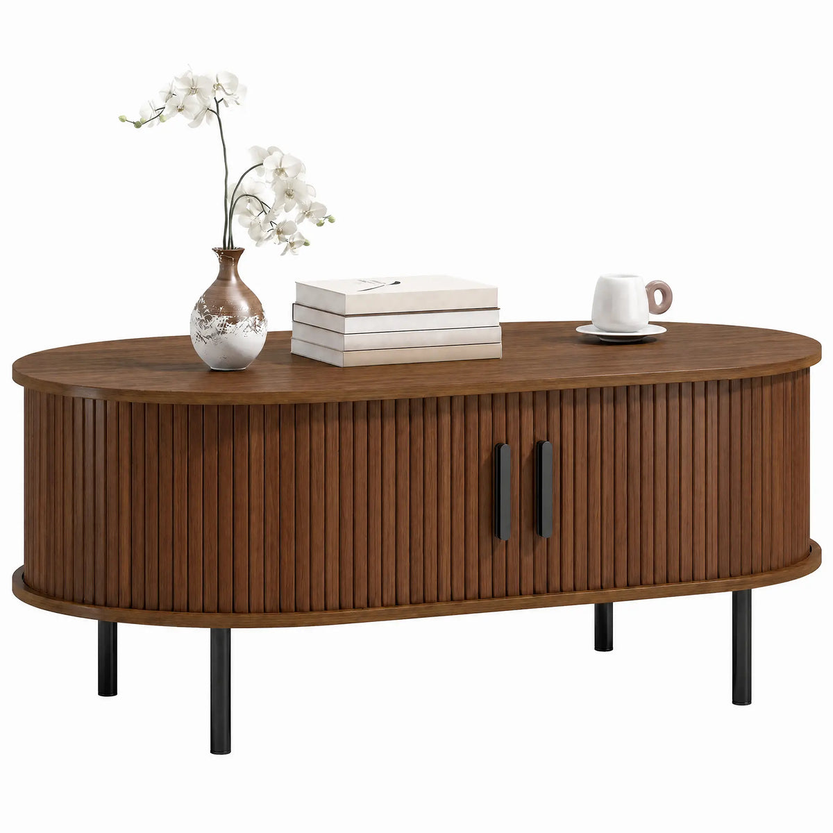 Coffee Table with Sliding Tambour Doors and Storage Center Table with Metal Legs, 39", Brown Coffee Tables at Gallery Canada